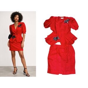 Argenti Vintage Red Jacquard Silk Peplum Top and Skirt Set Sequined Applique  12